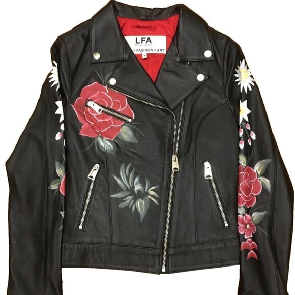 LFA New York Love Fashion Art Leather Jacket Flowers‎ Leather Biker Black Small - Picture 1 of 6
